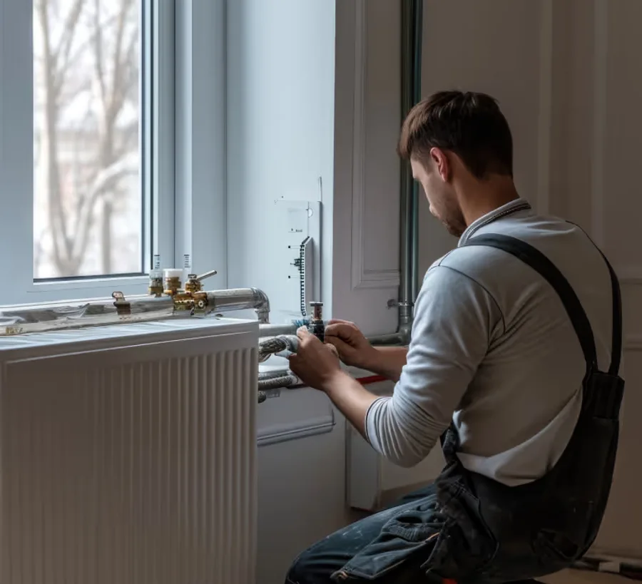 An Air Experts technician servicing a home HVAC system in the Birmingham area